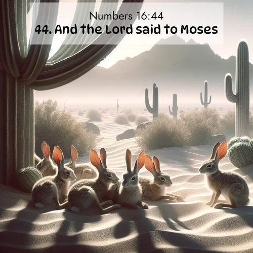 BasicEnglish Numbers  ; image nature: image with the bible verse :And the Lord said to Moses, ; Explore a rich collection of Bible verse images beautifully illustrated by natural landscapes, such as colorful skies, towering mountains, and tranquil rivers. The images highlight the serenity of God&#039;s creation with vivid tones and carefully chosen typography. Download and share inspiring verses like KJV Numbers 16:44. Current verse is overlayed with the thematic nature scene : Desert jackrabbits rest in cactus shade. Heat waves distort distant peaks. ; 16:44