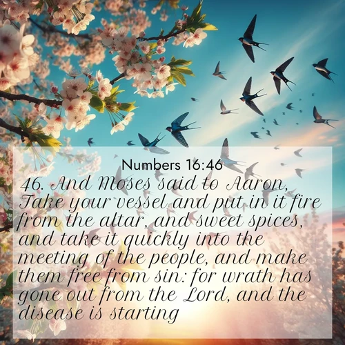 BasicEnglish Numbers  ; image nature: image with the bible verse :And Moses said to Aaron, Take your vessel and put in it fire from the altar, and sweet spices, and take it quickly into the meeting of the people, and make them free from sin: for wrath has gone out from the Lord, and the disease is starting. ; Download Bible verse images featuring vibrant photos of nature, from snowy landscapes to golden deserts. These free images are perfect for phone wallpapers, desktop backgrounds, or sharing. Verses include KJV Numbers 16:46. Current verse is overlayed with the thematic nature scene : Spring migration fills the sky with countless swallows. ; 16:46