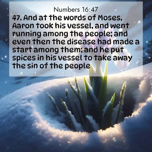 BasicEnglish Numbers  ; image nature: image with the bible verse :And at the words of Moses, Aaron took his vessel, and went running among the people; and even then the disease had made a start among them; and he put spices in his vessel to take away the sin of the people. ; Download stunning Bible verse images paired with nature scenes like rolling clouds, sparkling waters, and vibrant flower fields. These free images are perfect for spiritual reflection or wallpaper use. Share KJV Numbers 16:47. Current verse is overlayed with the thematic nature scene : Wild iris breaks through spring snow. Alpine light ignites petals. ; 16:47