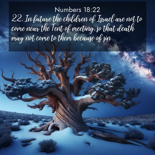 BasicEnglish Numbers  ; image nature: image with the bible verse :In future the children of Israel are not to come near the Tent of meeting, so that death may not come to them because of sin. ; Browse an inspiring gallery of Bible verse images with nature photos, such as blooming gardens, golden deserts, and shaded forests. The chosen images capture the peaceful and joyful essence of God&#039;s creation, with vibrant colors and harmonious fonts. Share verses like KJV Numbers 18:22. Current verse is overlayed with the thematic nature scene : Ancient bristlecone pine twists against a navy twilight sky, its gnarled branches laden with fresh snow. The Milky Way arcs overhead in crystalline clarity. ; 18:22