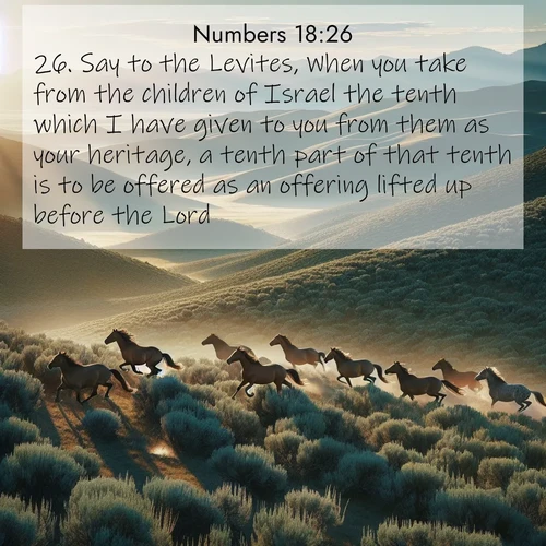 BasicEnglish Numbers  ; image nature: image with the bible verse :Say to the Levites, When you take from the children of Israel the tenth which I have given to you from them as your heritage, a tenth part of that tenth is to be offered as an offering lifted up before the Lord. ; Access a vast collection of Bible verse images illustrated with natural landscapes like calm rivers, blooming fields, and bright horizons. These images emphasize the serenity and splendor of God&#039;s creation, accompanied by aesthetic fonts and joyful colors. Download verses like KJV Numbers 18:26 and share them. Current verse is overlayed with the thematic nature scene : Wild mustangs gallop across sage-covered hills in the morning light. ; 18:26