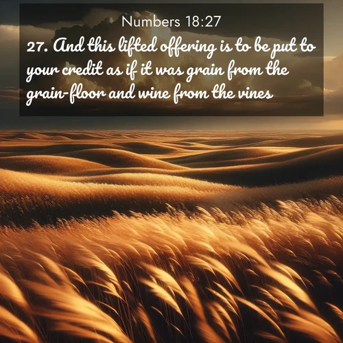 BasicEnglish Numbers  ; image nature: image with the bible verse :And this lifted offering is to be put to your credit as if it was grain from the grain-floor and wine from the vines. ; Browse our collection of vibrant Bible verse images set against calming backdrops like tropical shores, quiet woods, and majestic mountains. Download free wallpapers featuring KJV Numbers 18:27. Current verse is overlayed with the thematic nature scene : Prairie grass waves like a golden ocean. Storm clouds build towers on the horizon. ; 18:27