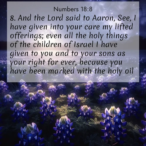 BasicEnglish Numbers  ; image nature: image with the bible verse :And the Lord said to Aaron, See, I have given into your care my lifted offerings; even all the holy things of the children of Israel I have given to you and to your sons as your right for ever, because you have been marked with the holy oil. ; Discover Bible images adorned with spring landscapes, like tulip fields, cherry blossoms, and green hills. These bright scenes symbolize God&#039;s renewal and grace. Download verses like KJV Numbers 18:8. Current verse is overlayed with the thematic nature scene : Moonlight illuminates a field of bluebonnets. A warm breeze carries their sweet fragrance across the prairie. ; 18:8