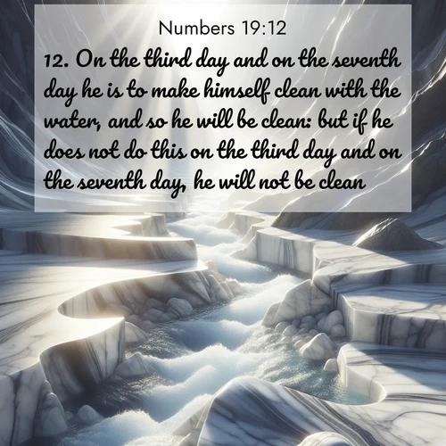 BasicEnglish Numbers  ; image nature: image with the bible verse :On the third day and on the seventh day he is to make himself clean with the water, and so he will be clean: but if he does not do this on the third day and on the seventh day, he will not be clean. ; Admire stunning Bible verse images paired with photos of peaceful landscapes, such as foggy mornings, serene rivers, and blooming gardens. Download these free images and share verses like KJV Numbers 19:12. Current verse is overlayed with the thematic nature scene : Mountain streams carve marble smooth. Sunlight dances on clear pools. ; 19:12