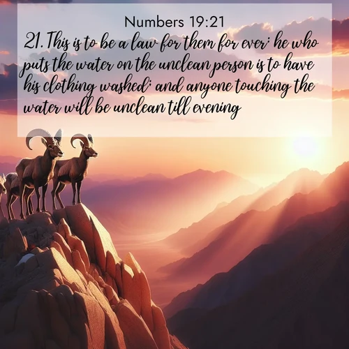 BasicEnglish Numbers  ; image nature: image with the bible verse :This is to be a law for them for ever: he who puts the water on the unclean person is to have his clothing washed; and anyone touching the water will be unclean till evening. ; Discover tranquil Bible verse images enhanced with natural scenery like rippling brooks, snow-covered fields, and sunlit beaches. These free images are perfect for wallpapers or spiritual reflection. Share KJV Numbers 19:21. Current verse is overlayed with the thematic nature scene : Desert bighorns pause on a knife-edge ridge. Sunset paints their horns in gold. ; 19:21