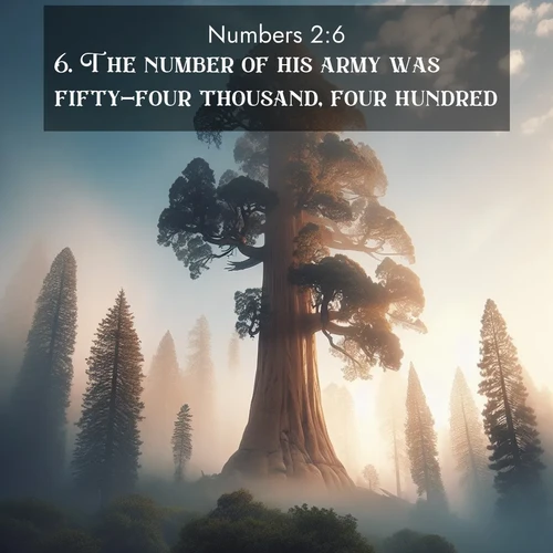 BasicEnglish Numbers  ; image nature: image with the bible verse :The number of his army was fifty-four thousand, four hundred. ; Download high-resolution Bible verse images showcasing the beauty of God&#039;s creation—from radiant sunsets to tranquil rivers. Free for use as wallpapers or sharing verses like KJV Numbers 2:6. Current verse is overlayed with the thematic nature scene : A giant sequoia reaches through morning fog. Centuries of growth stretch skyward in silent majesty. ; 2:6
