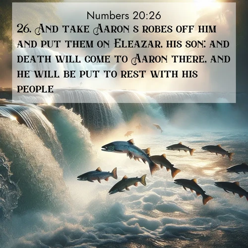 BasicEnglish Numbers  ; image nature: image with the bible verse :And take Aaron&#039;s robes off him and put them on Eleazar, his son: and death will come to Aaron there, and he will be put to rest with his people. ; Discover a gallery of Bible verse images showcasing the beauty of autumn, with golden leaves, red forests, and peaceful fields bathed in soft light. These soothing scenes are perfect for accompanying inspiring verses like KJV Numbers 20:26. Current verse is overlayed with the thematic nature scene : Wild salmon leap ancient waterfalls. Mist rises like spirits in morning light. ; 20:26