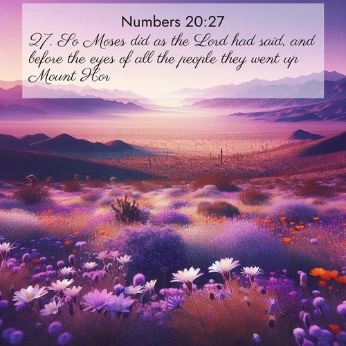 BasicEnglish Numbers  ; image nature: image with the bible verse :So Moses did as the Lord had said, and before the eyes of all the people they went up Mount Hor. ; Explore Bible verses paired with beach photos, where waves gently crash on the sand and the sky glows with pastel hues at sunset. These scenes convey deep serenity. Download verses like KJV Numbers 20:27. Current verse is overlayed with the thematic nature scene : Desert wildflowers carpet Death Valley after winter rains. Mountains fade to purple on the horizon. ; 20:27