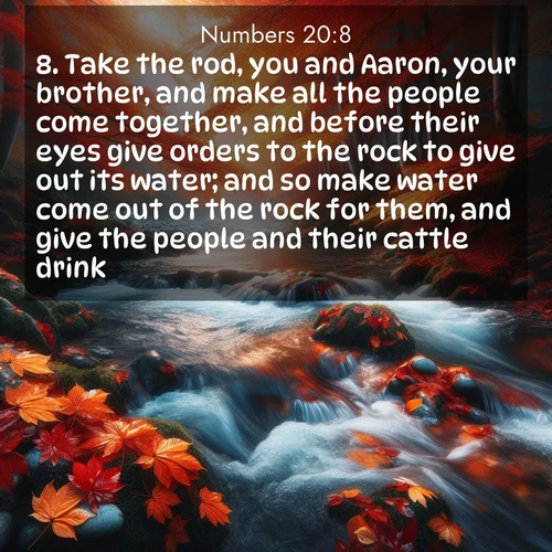 BasicEnglish Numbers  ; image nature: image with the bible verse :Take the rod, you and Aaron, your brother, and make all the people come together, and before their eyes give orders to the rock to give out its water; and so make water come out of the rock for them, and give the people and their cattle drink. ; Browse a gallery of Bible verses paired with summer scenes, such as golden wheat fields, bright skies, and sunny beaches. These images convey the joy and warmth of God&#039;s creation. Download and share verses like KJV Numbers 20:8. Current verse is overlayed with the thematic nature scene : Autumn leaves swirl in eddies along a mountain stream. ; 20:8