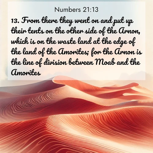 BBE Numbers 21:13 overlaying nature image scene: Desert wind sculpts perfect ripples in red sand. Twilight paints the dunes in watercolor hues.;13. From there they went on and put up their tents on the other side of the Arnon, which is on the waste land at the edge of the land of the Amorites; for the Arnon is the line of division between Moab and the Amorites:
