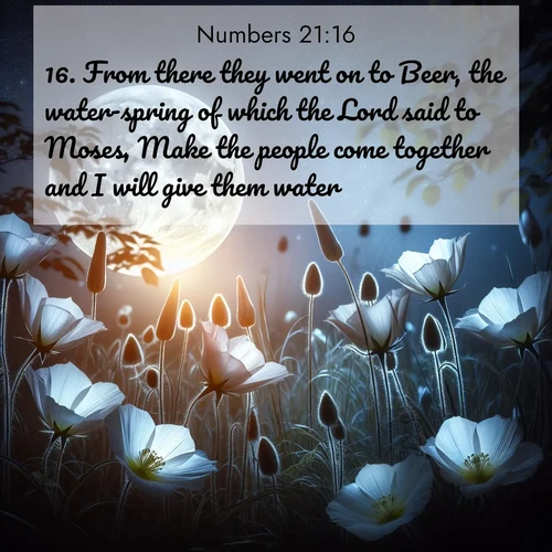 BasicEnglish Numbers  ; image nature: image with the bible verse :From there they went on to Beer, the water-spring of which the Lord said to Moses, Make the people come together and I will give them water. ; Browse our collection of vibrant Bible verse images set against calming backdrops like tropical shores, quiet woods, and majestic mountains. Download free wallpapers featuring KJV Numbers 21:16. Current verse is overlayed with the thematic nature scene : Moonflowers open to the rising full moon. Night insects hum in harmony. ; 21:16