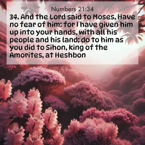 BBE Numbers 21:34 overlaying nature image scene: Mountain laurel blooms paint hillsides pink. Spring breezes carry their honey scent.;34. And the Lord said to Moses, Have no fear of him: for I have given him up into your hands, with all his people and his land; do to him as you did to Sihon, king of the Amorites, at Heshbon.