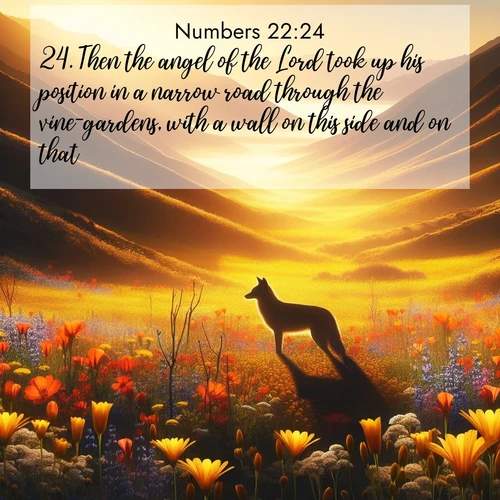 BasicEnglish Numbers  ; image nature: image with the bible verse :Then the angel of the Lord took up his position in a narrow road through the vine-gardens, with a wall on this side and on that. ; Discover inspiring Bible verse images featuring natural wonders like lush forests, sunny horizons, and cascading waterfalls. Perfect for wallpapers or spiritual encouragement. Download verses like KJV Numbers 22:24. Current verse is overlayed with the thematic nature scene : Spring wildflowers carpet Death Valley in gold. A coyote&#039;s silhouette melts into the blooms. ; 22:24