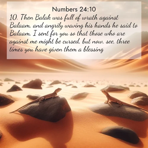 BBE Numbers 24:10 overlaying nature image scene: Desert lizards bask on sun-hot rocks. Heat mirages dance like water.;10. Then Balak was full of wrath against Balaam, and angrily waving his hands he said to Balaam, I sent for you so that those who are against me might be cursed, but now, see, three times you have given them a blessing.