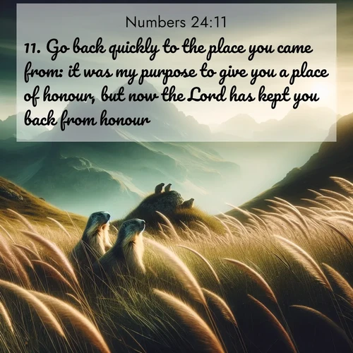BBE Numbers 24:11 overlaying nature image scene: Mountain meadow grasses bend in wind. Marmots whistle from rocky outcrops.;11. Go back quickly to the place you came from: it was my purpose to give you a place of honour, but now the Lord has kept you back from honour.