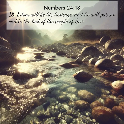 BBE Numbers 24:18 overlaying nature image scene: Mountain streams sing ancient songs. Sunlight dances through clear pools.;18. Edom will be his heritage, and he will put an end to the last of the people of Seir.
