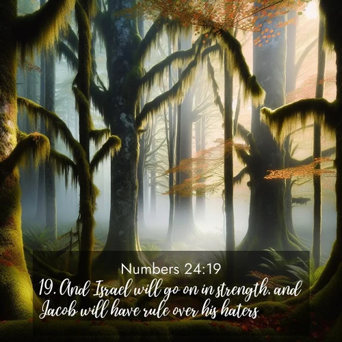 BBE Numbers 24:19 overlaying nature image scene: Autumn fog shrouds an old-growth forest draped in moss and lichen.;19. And Israel will go on in strength, and Jacob will have rule over his haters.