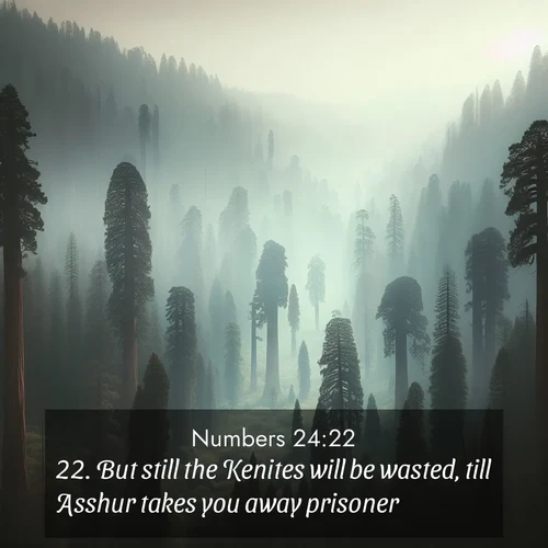 BBE Numbers 24:22 overlaying nature image scene: Ancient sequoias pierce through valley fog. Centuries of growth reach for filtered light.;22. But still the Kenites will be wasted, till Asshur takes you away prisoner.