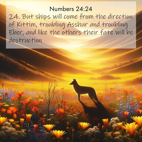 BBE Numbers 24:24 overlaying nature image scene: Spring wildflowers carpet Death Valley in gold. A coyote's silhouette melts into the blooms.;24. But ships will come from the direction of Kittim, troubling Asshur and troubling Eber, and like the others their fate will be destruction.