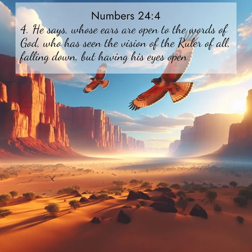 BBE Numbers 24:4 overlaying nature image scene: Desert hawks soar thermal currents. Red cliffs catch golden light.;4. He says, whose ears are open to the words of God, who has seen the vision of the Ruler of all, falling down, but having his eyes open: