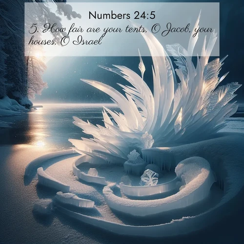 BBE Numbers 24:5 overlaying nature image scene: Winter ice forms abstract sculptures along a lake shore.;5. How fair are your tents, O Jacob, your houses, O Israel!