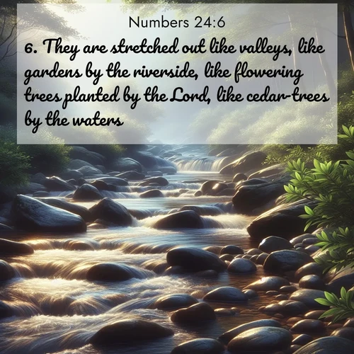 BBE Numbers 24:6 overlaying nature image scene: A mountain stream tumbles over smooth rocks between banks of mountain laurel.;6. They are stretched out like valleys, like gardens by the riverside, like flowering trees planted by the Lord, like cedar-trees by the waters.