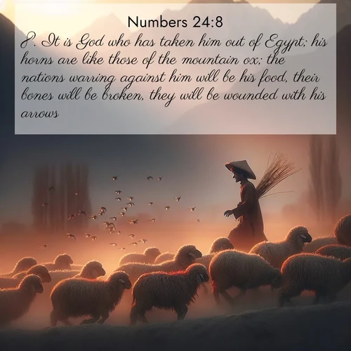 BBE Numbers 24:8 overlaying nature image scene: A shepherd guides his flock home. Sunset paints wool golden red.;8. It is God who has taken him out of Egypt; his horns are like those of the mountain ox; the nations warring against him will be his food, their bones will be broken, they will be wounded with his arrows.