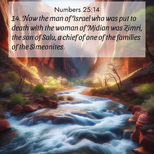 BBE Numbers 25:14 overlaying nature image scene: Spring floods transform a desert canyon into a rushing river.;14. Now the man of Israel who was put to death with the woman of Midian was Zimri, the son of Salu, a chief of one of the families of the Simeonites.
