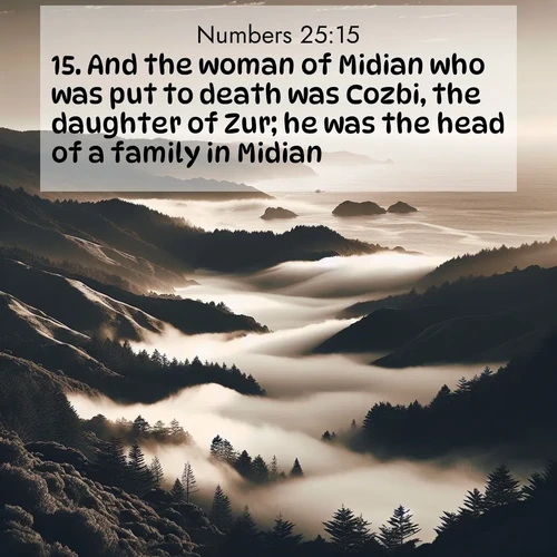 BBE Numbers 25:15 overlaying nature image scene: Coastal fog rolls inland through gaps in seaside hills.;15. And the woman of Midian who was put to death was Cozbi, the daughter of Zur; he was the head of a family in Midian.