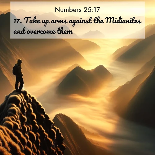 BBE Numbers 25:17 overlaying nature image scene: A solitary climber watches sunrise from a knife-edge ridge. Golden light spills into valleys of morning mist.;17. Take up arms against the Midianites and overcome them;