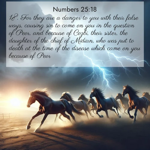 BBE Numbers 25:18 overlaying nature image scene: Wild horses race approaching storms. Lightning illuminates their power.;18. For they are a danger to you with their false ways, causing sin to come on you in the question of Peor, and because of Cozbi, their sister, the daughter of the chief of Midian, who was put to death at the time of the disease which came on you because of Peor.