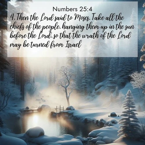 BBE Numbers 25:4 overlaying nature image scene: Morning mist rises from a hot spring in a snow-covered forest.;4. Then the Lord said to Moses, Take all the chiefs of the people, hanging them up in the sun before the Lord, so that the wrath of the Lord may be turned from Israel.