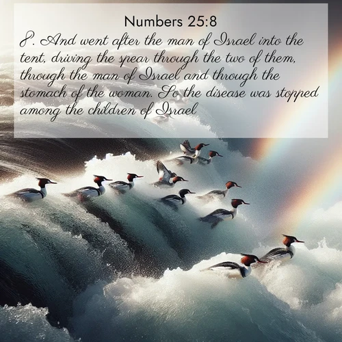 BBE Numbers 25:8 overlaying nature image scene: Wild mergansers ride white water rapids. Spray creates endless rainbows.;8. And went after the man of Israel into the tent, driving the spear through the two of them, through the man of Israel and through the stomach of the woman. So the disease was stopped among the children of Israel.
