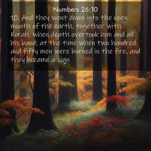 BBE Numbers 26:10 overlaying nature image scene: Autumn rain darkens tree trunks in the forest.;10. And they went down into the open mouth of the earth, together with Korah, when death overtook him and all his band; at the time when two hundred and fifty men were burned in the fire, and they became a sign.