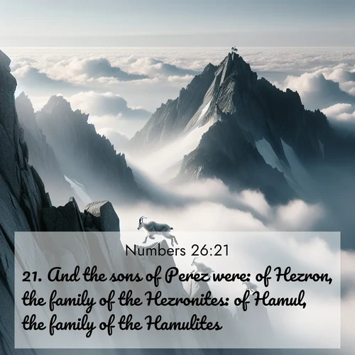BBE Numbers 26:21 overlaying nature image scene: Mountain goats navigate impossible peaks. Clouds swirl beneath their sure feet.;21. And the sons of Perez were: of Hezron, the family of the Hezronites: of Hamul, the family of the Hamulites.
