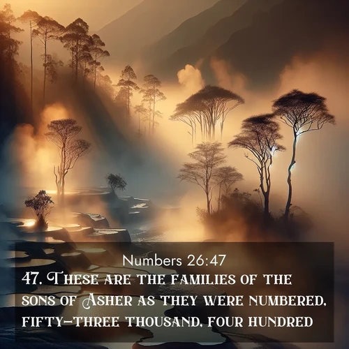 BBE Numbers 26:47 overlaying nature image scene: Morning mist rises from thermal pools. Steam dragons dance in golden light.;47. These are the families of the sons of Asher as they were numbered, fifty-three thousand, four hundred.