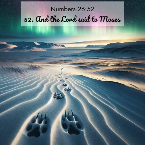 BBE Numbers 26:52 overlaying nature image scene: Arctic fox tracks cross windswept tundra. Northern lights pulse overhead in cosmic rhythm.;52. And the Lord said to Moses,
