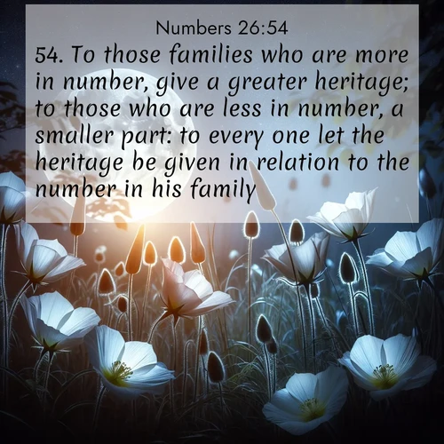 BBE Numbers 26:54 overlaying nature image scene: Moonflowers open to the rising full moon. Night insects hum in harmony.;54. To those families who are more in number, give a greater heritage; to those who are less in number, a smaller part: to every one let the heritage be given in relation to the number in his family.