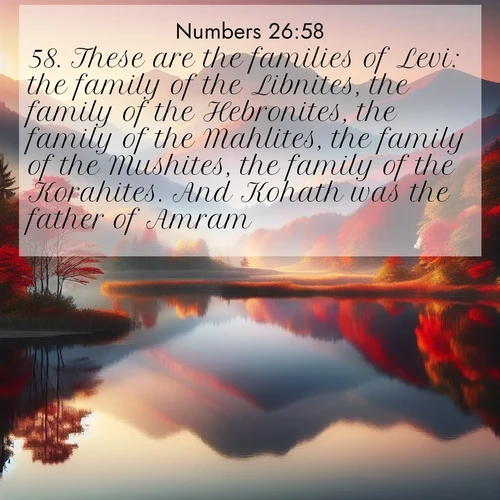 BBE Numbers 26:58 overlaying nature image scene: Autumn colors reflect in a still mountain lake at sunrise.;58. These are the families of Levi: the family of the Libnites, the family of the Hebronites, the family of the Mahlites, the family of the Mushites, the family of the Korahites. And Kohath was the father of Amram.
