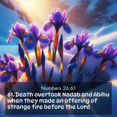 BBE Numbers 26:61 overlaying nature image scene: Wild iris blooms pierce through melting snow. Alpine sunlight ignites their petals.;61. Death overtook Nadab and Abihu when they made an offering of strange fire before the Lord.