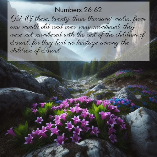 BBE Numbers 26:62 overlaying nature image scene: Alpine gentians bloom in rocky crevices. Summer storms gather above treeline.;62. Of these, twenty-three thousand males, from one month old and over, were numbered: they were not numbered with the rest of the children of Israel, for they had no heritage among the children of Israel.