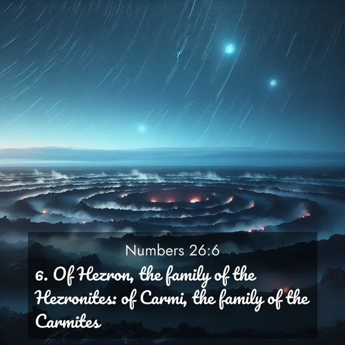 BBE Numbers 26:6 overlaying nature image scene: Volcanic steam rises through a field of black lava. Stars wheel overhead in the thin air.;6. Of Hezron, the family of the Hezronites: of Carmi, the family of the Carmites.