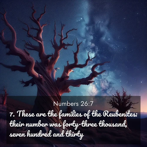 BBE Numbers 26:7 overlaying nature image scene: Ancient bristlecone pines twist toward stars. Time stands still in their presence.;7. These are the families of the Reubenites: their number was forty-three thousand, seven hundred and thirty.