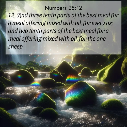 BBE Numbers 28:12 overlaying nature image scene: Rainbow prisms dance in a waterfall's spray. Moss glows emerald in filtered light.;12. And three tenth parts of the best meal for a meal offering mixed with oil, for every ox; and two tenth parts of the best meal for a meal offering mixed with oil, for the one sheep;
