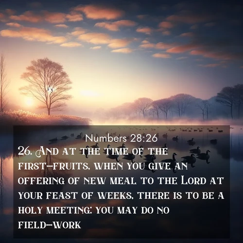 BBE Numbers 28:26 overlaying nature image scene: Wild geese rest on still waters. Dawn mist rises like dreams.;26. And at the time of the first-fruits, when you give an offering of new meal to the Lord at your feast of weeks, there is to be a holy meeting: you may do no field-work: