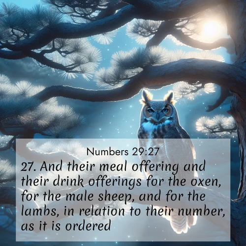 BasicEnglish Numbers  ; image nature: image with the bible verse :And their meal offering and their drink offerings for the oxen, for the male sheep, and for the lambs, in relation to their number, as it is ordered: ; Explore Bible verse images beautifully illustrated with spring scenes, such as blooming meadows, trees in full bloom, and tranquil streams. These landscapes convey divine hope and vitality. Download and share verses like KJV Numbers 29:27. Current verse is overlayed with the thematic nature scene : A great horned owl watches from ancient pine branches. Moonlight silvers its silent wings. ; 29:27