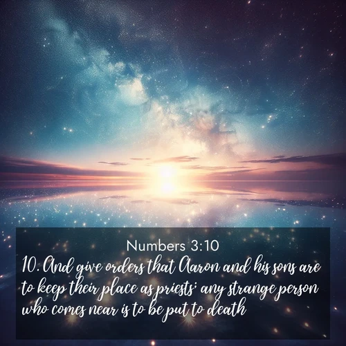 BBE Numbers 3:10 overlaying nature image scene: Stars reflect perfectly in the salt flats after rainfall. The horizon disappears in the mirror-like expanse.;10. And give orders that Aaron and his sons are to keep their place as priests; any strange person who comes near is to be put to death.