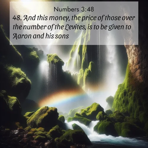 BBE Numbers 3:48 overlaying nature image scene: A waterfall thunders through ancient moss-covered rocks while rainbow mist rises where water meets stone.;48. And this money, the price of those over the number of the Levites, is to be given to Aaron and his sons.