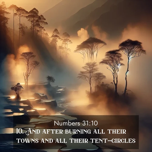 BasicEnglish Numbers  ; image nature: image with the bible verse :And after burning all their towns and all their tent-circles, ; Discover Bible verses beautifully integrated with natural scenes of varied seasons, featuring summer skies, winter snow, autumn leaves, and spring blooms. Each image captures the splendor and peace of God&#039;s creation. Share verses like KJV Numbers 31:10. Current verse is overlayed with the thematic nature scene : Morning mist rises from thermal pools. Steam dragons dance in golden light. ; 31:10