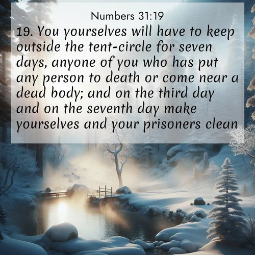 BasicEnglish Numbers  ; image nature: image with the bible verse :You yourselves will have to keep outside the tent-circle for seven days, anyone of you who has put any person to death or come near a dead body; and on the third day and on the seventh day make yourselves and your prisoners clean. ; Discover our unique collection of Bible verse images integrated with photos showcasing the majesty of nature, such as rocky mountains, ancient trees, and crystal-clear lakes. These images feature luminous colors and text in varied fonts, reflecting the harmony of God&#039;s creation. Download verses like KJV Numbers 31:19. Current verse is overlayed with the thematic nature scene : Morning mist rises from a hot spring in a snow-covered forest. ; 31:19